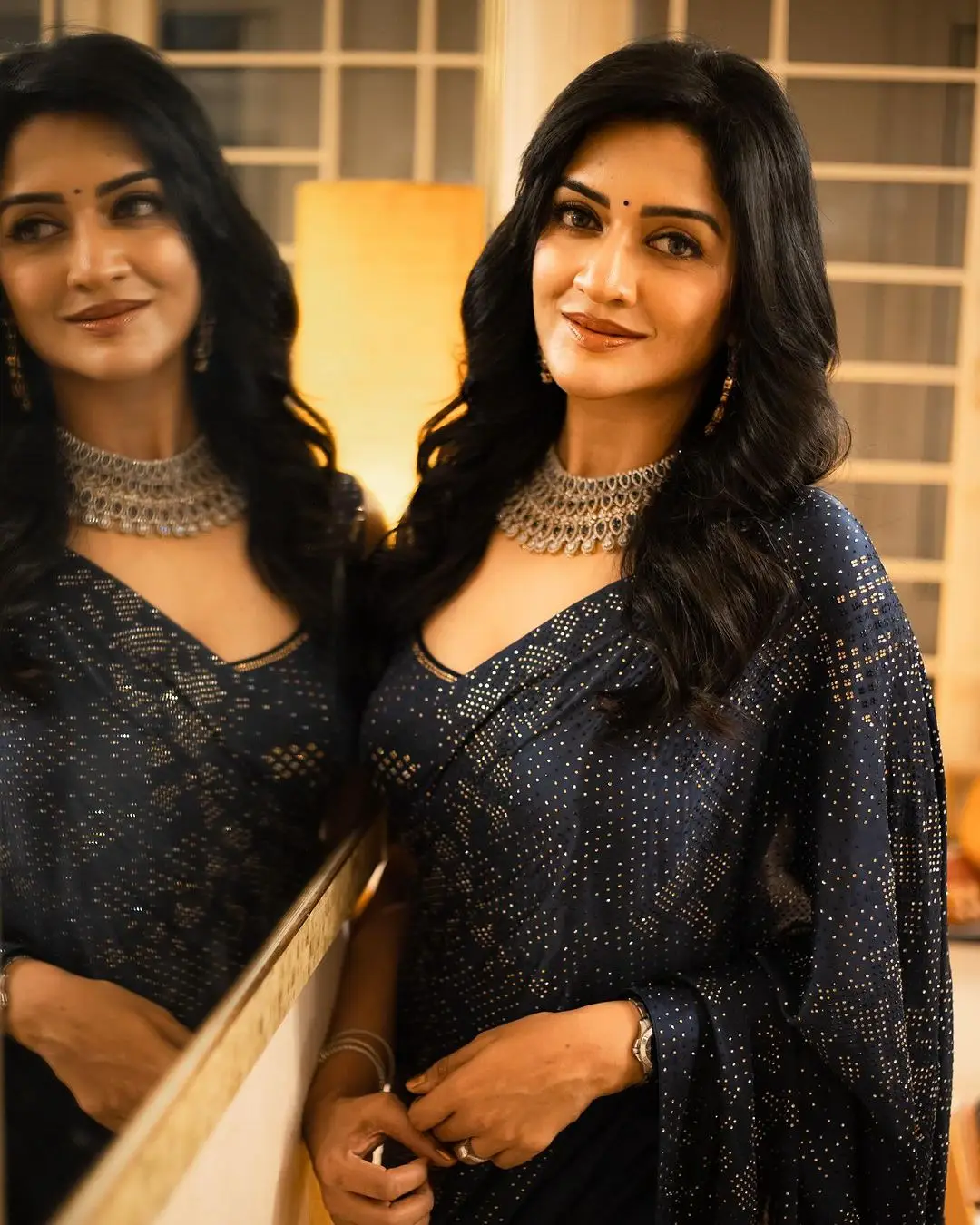 Tamil Girl Vimala Raman Wearing Blue Designer Saree Blouse